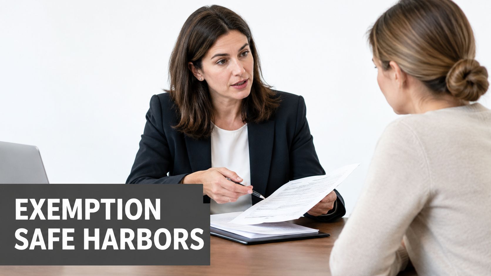 A professional woman in a business suit explains legal documents to a client during a formal meeting.