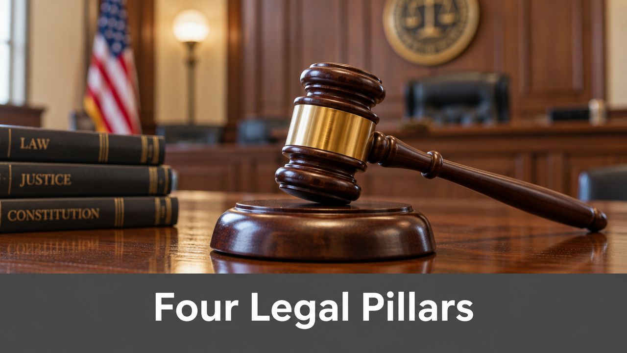 A wooden judges gavel resting on a table next to law books in a courtroom.