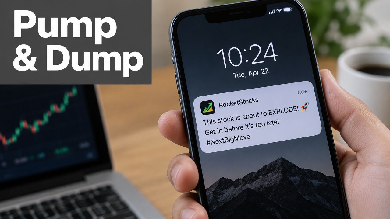 A close-up of a smartphone showing a deceptive stock market alert about an explosive investment opportunity.
