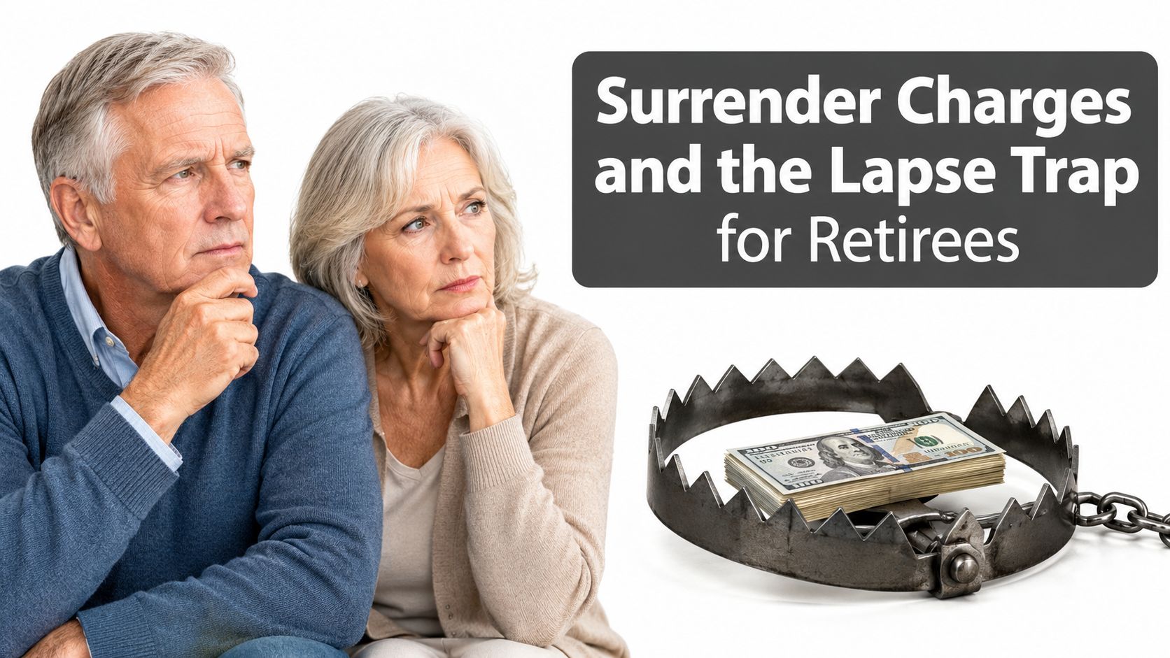 An older couple looks concerned beside a text graphic about surrender charges and a financial bear trap.