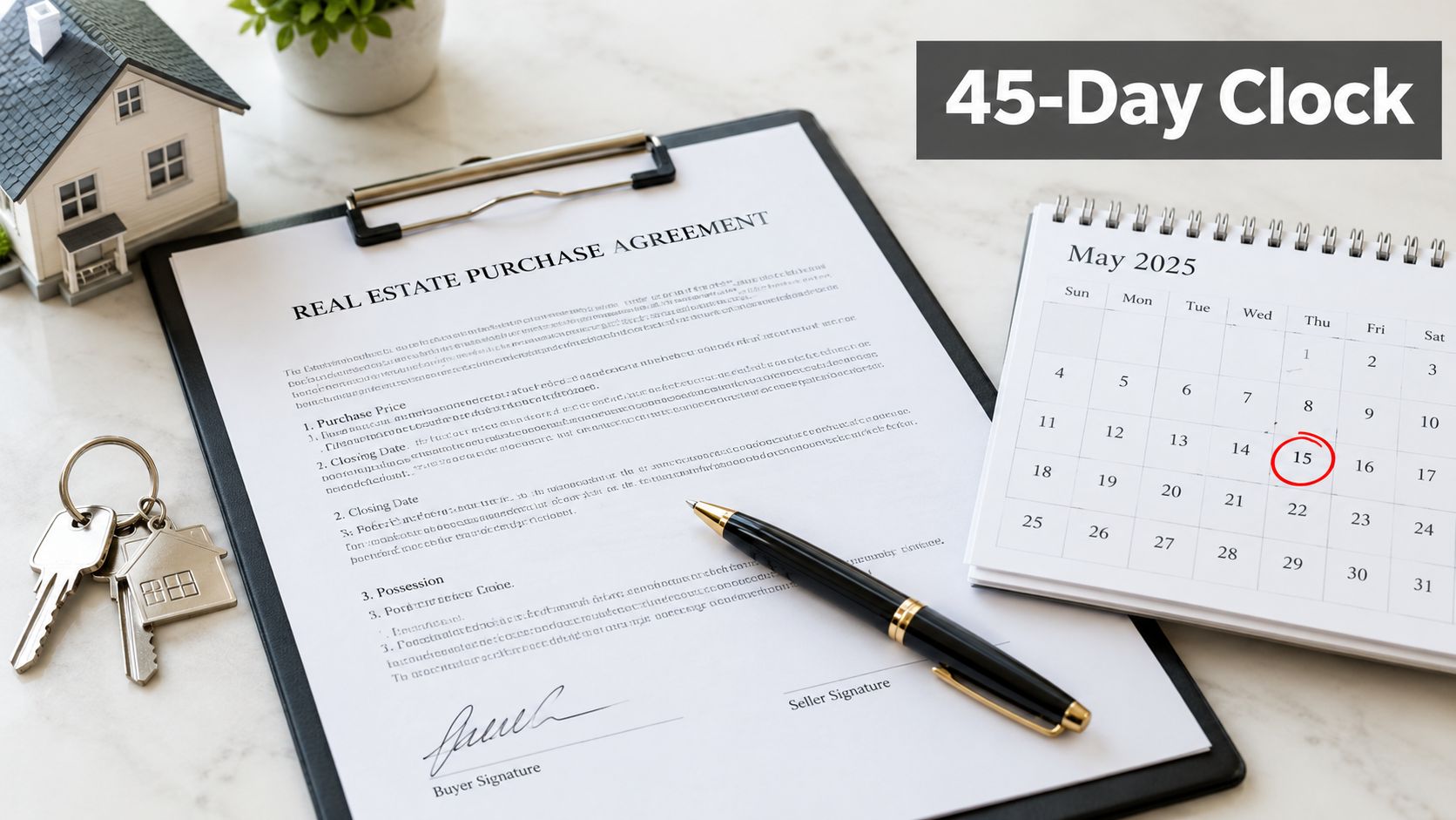 A real estate purchase agreement document on a clipboard with keys, a pen, and a calendar.