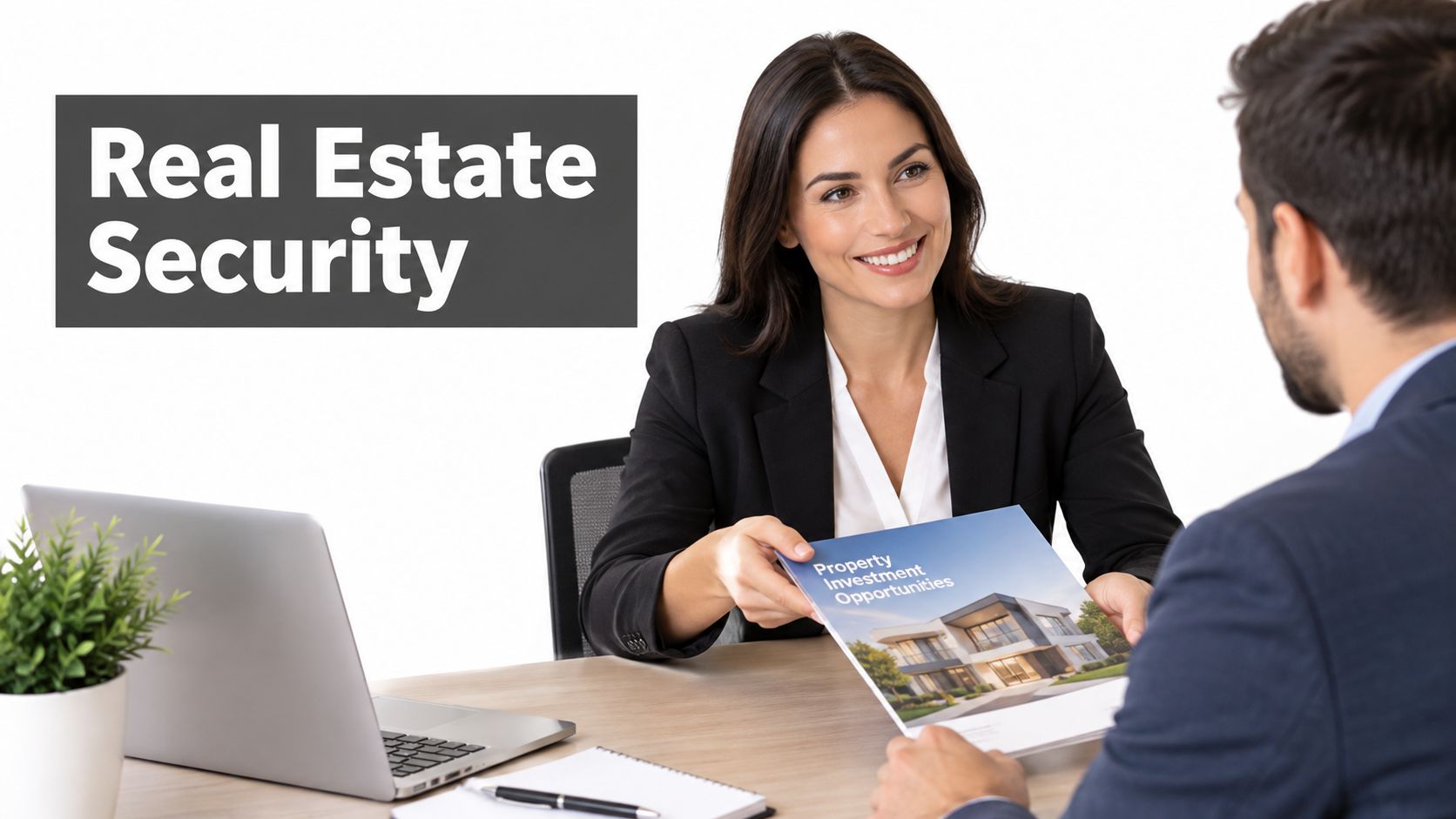 A professional woman in a business suit presenting a real estate investment booklet to a male client.