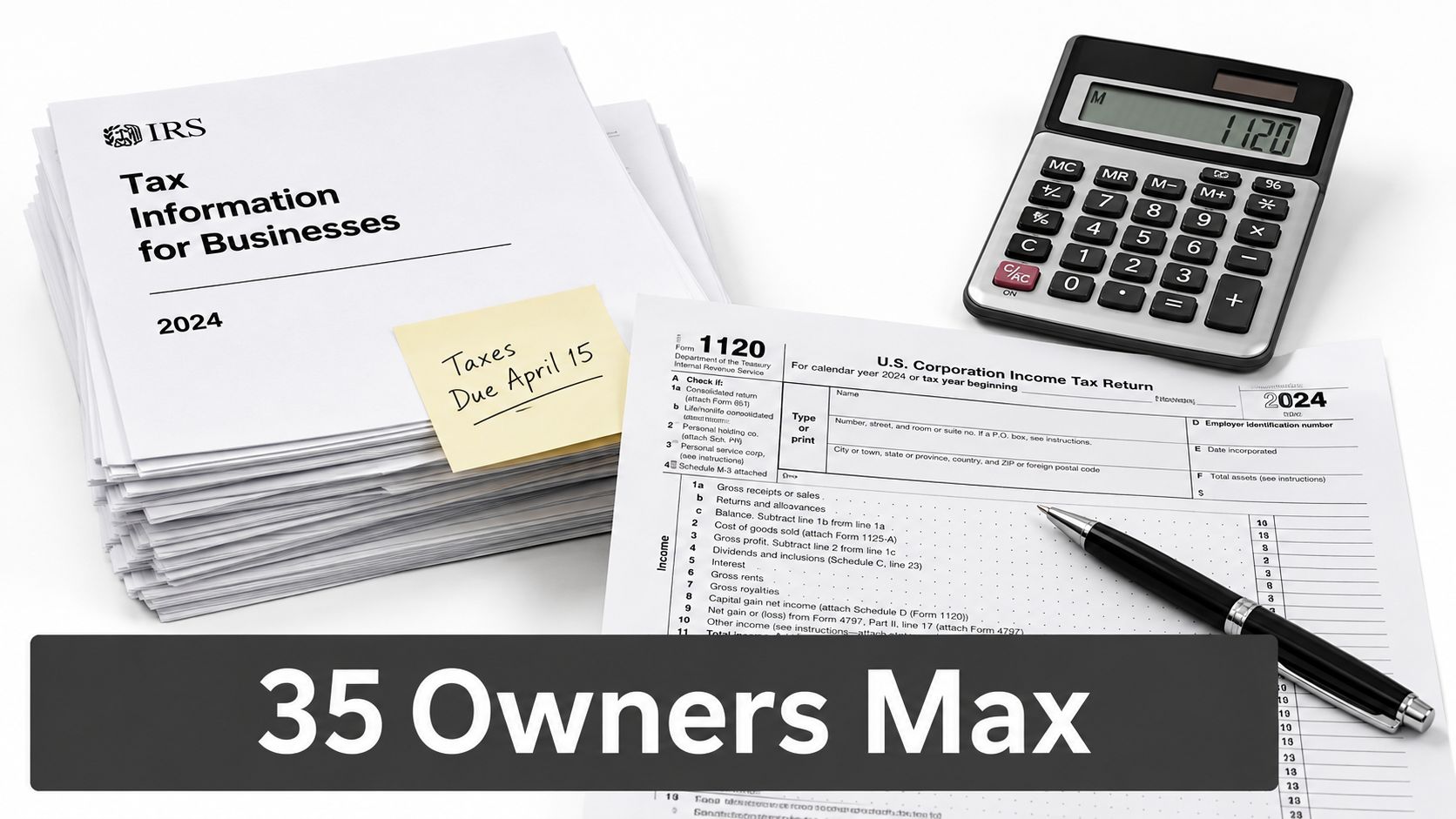 A stack of IRS business tax documents with a calculator and a pen on a table.