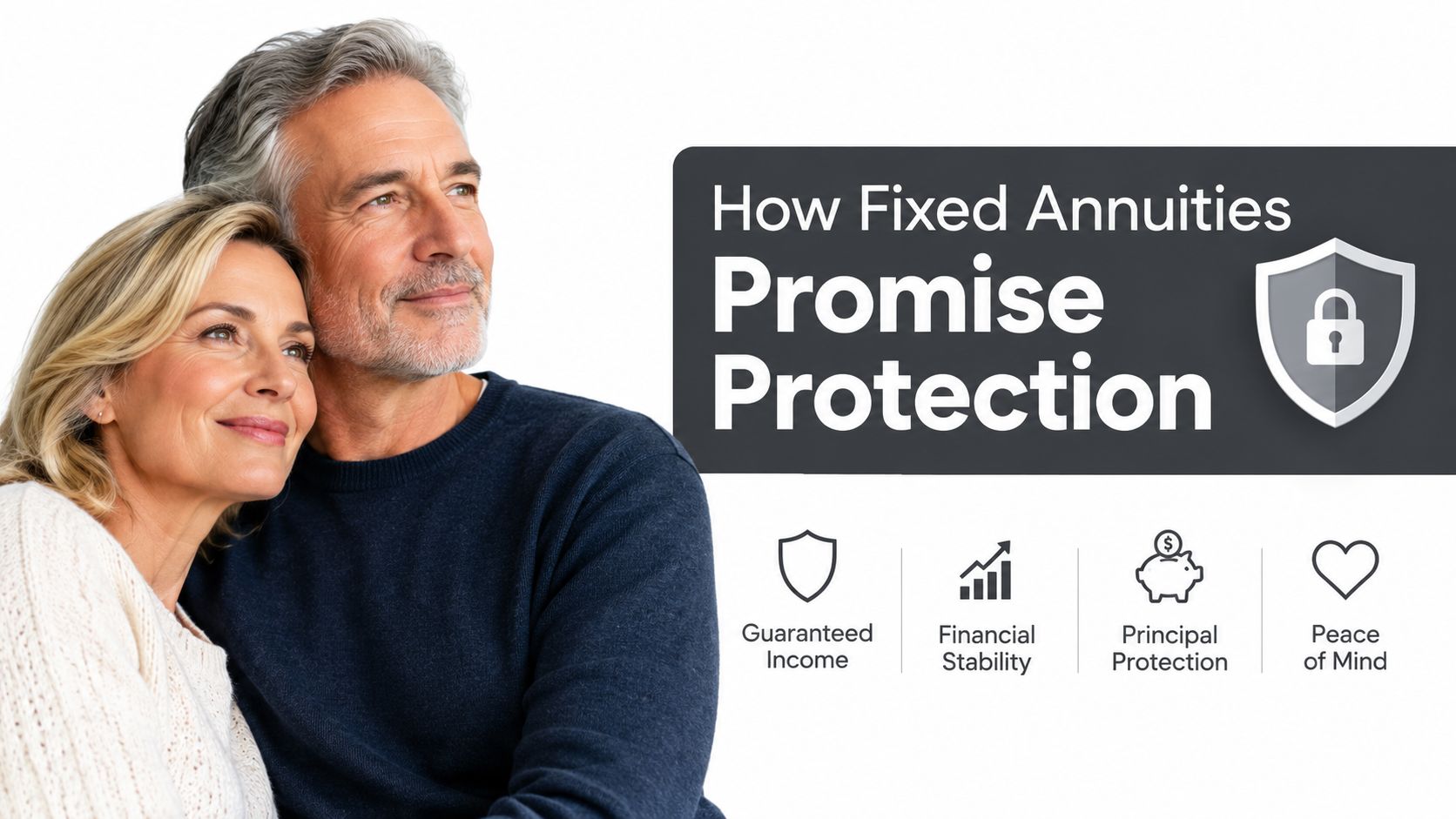 A happy senior couple looking thoughtfully at the benefits of fixed annuities for long-term financial security.