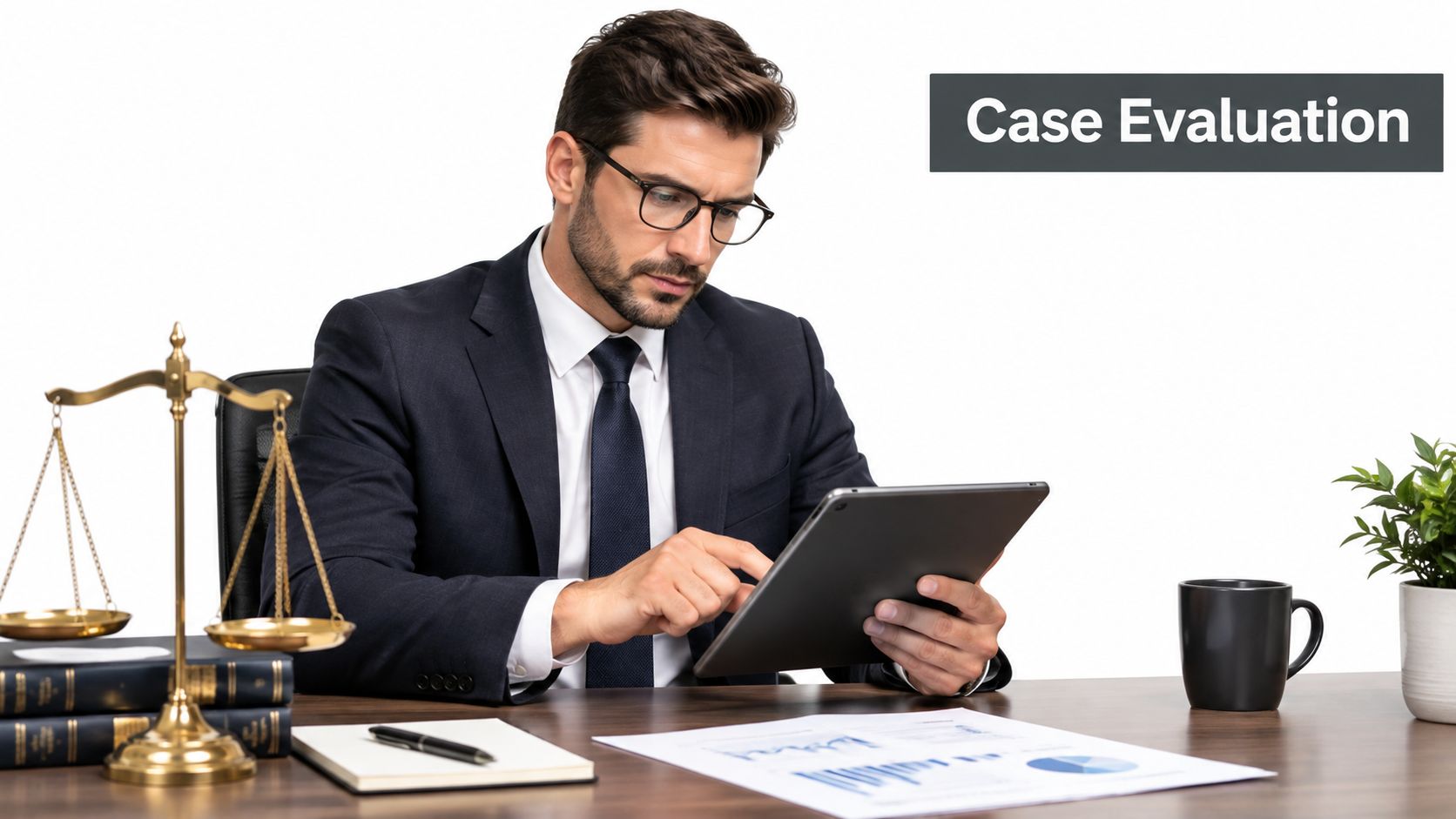 A professional lawyer wearing a suit and glasses reviews a case on a tablet at his desk.