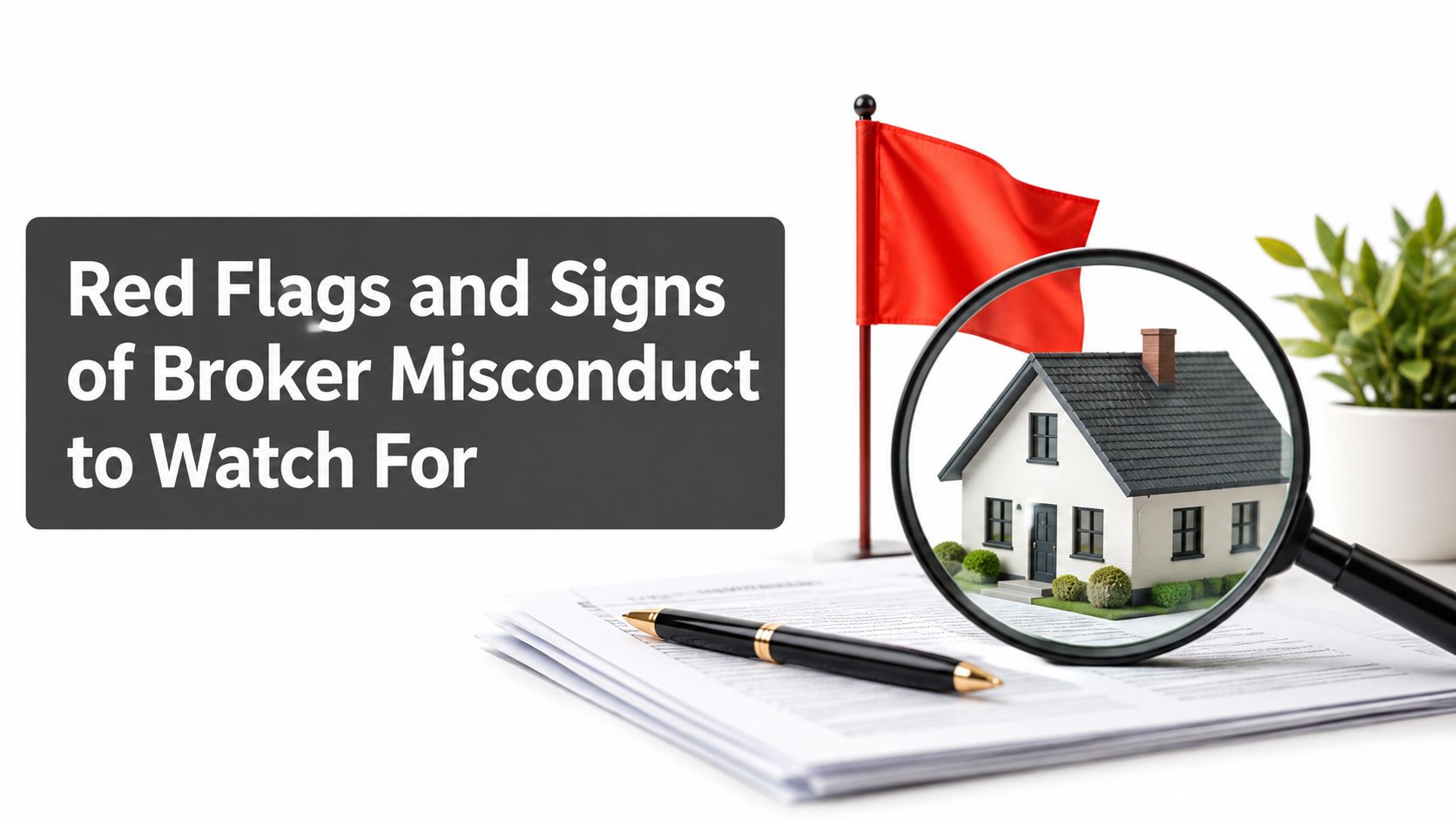 A magnifying glass focusing on a small model house next to a red flag on a contract.