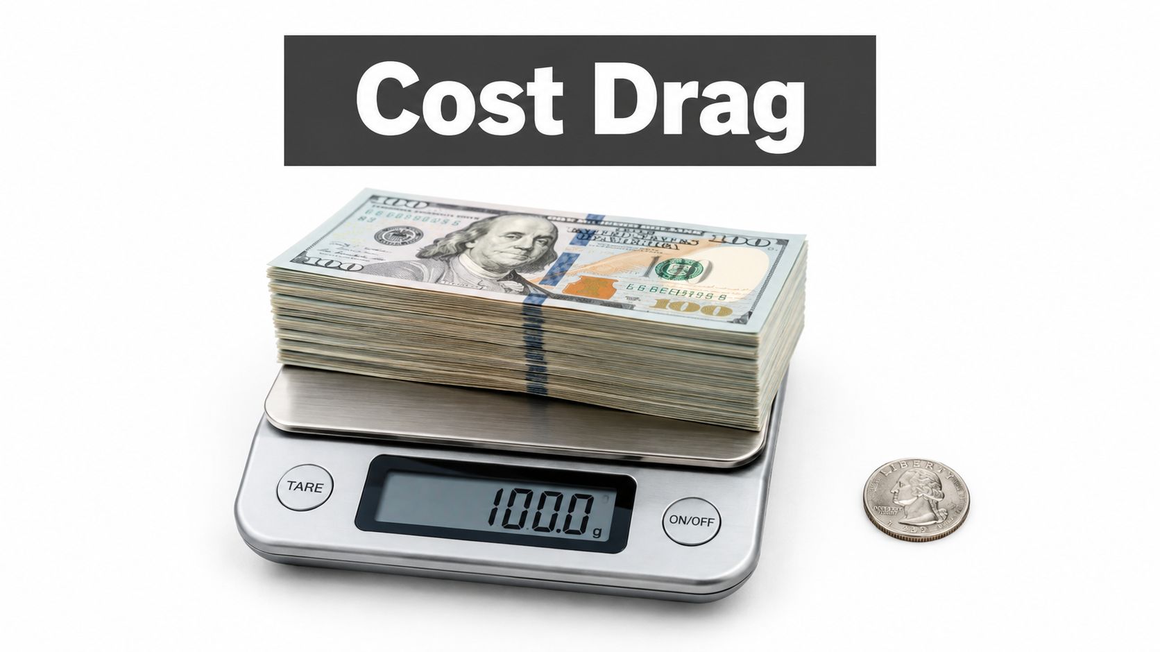 A stack of hundred dollar bills on a digital scale next to a quarter on white background.