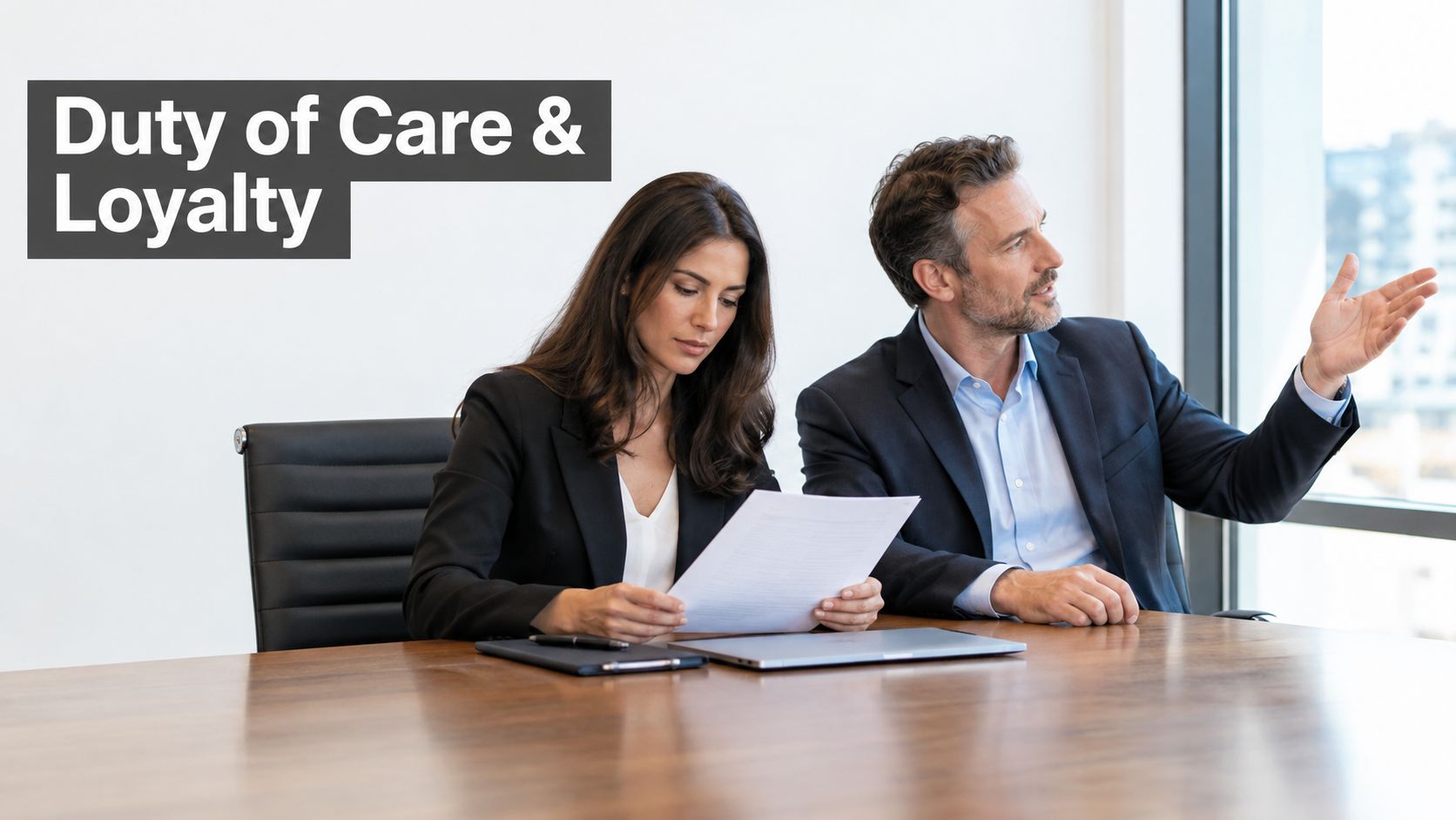 A professional man and woman in business suits reviewing documents while sitting at a boardroom table.