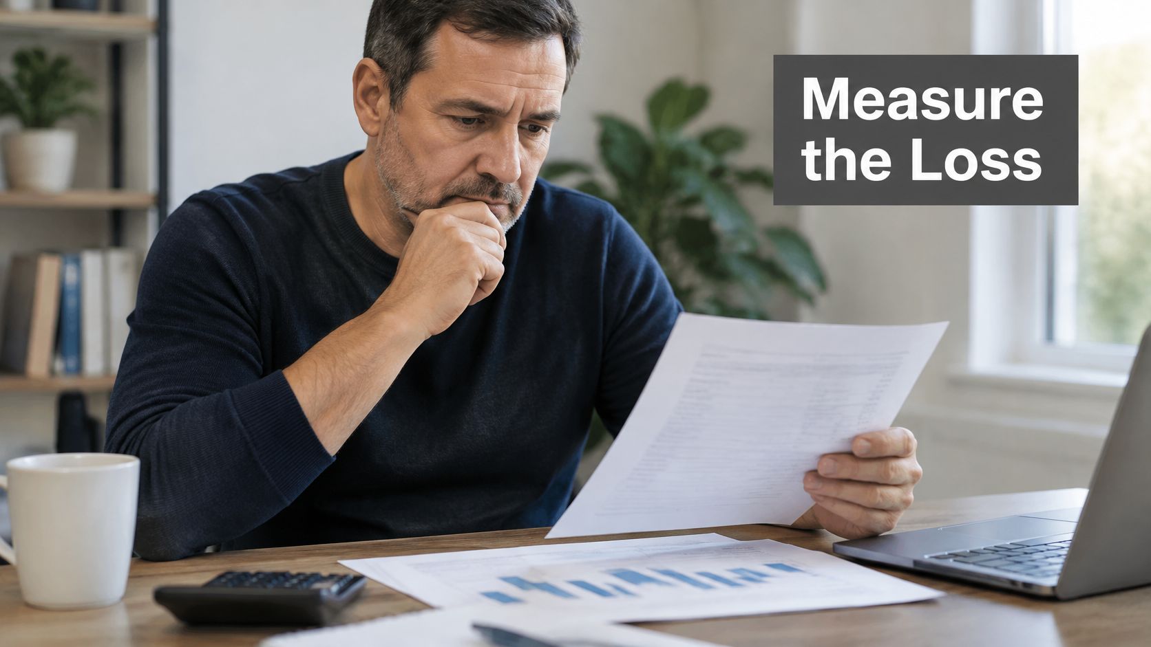 A concerned middle-aged man sitting at a desk analyzing financial documents while looking for business losses.
