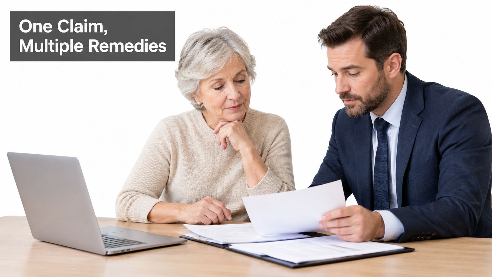 A professional financial advisor discussing legal documents and claim options with an elderly woman at a desk.