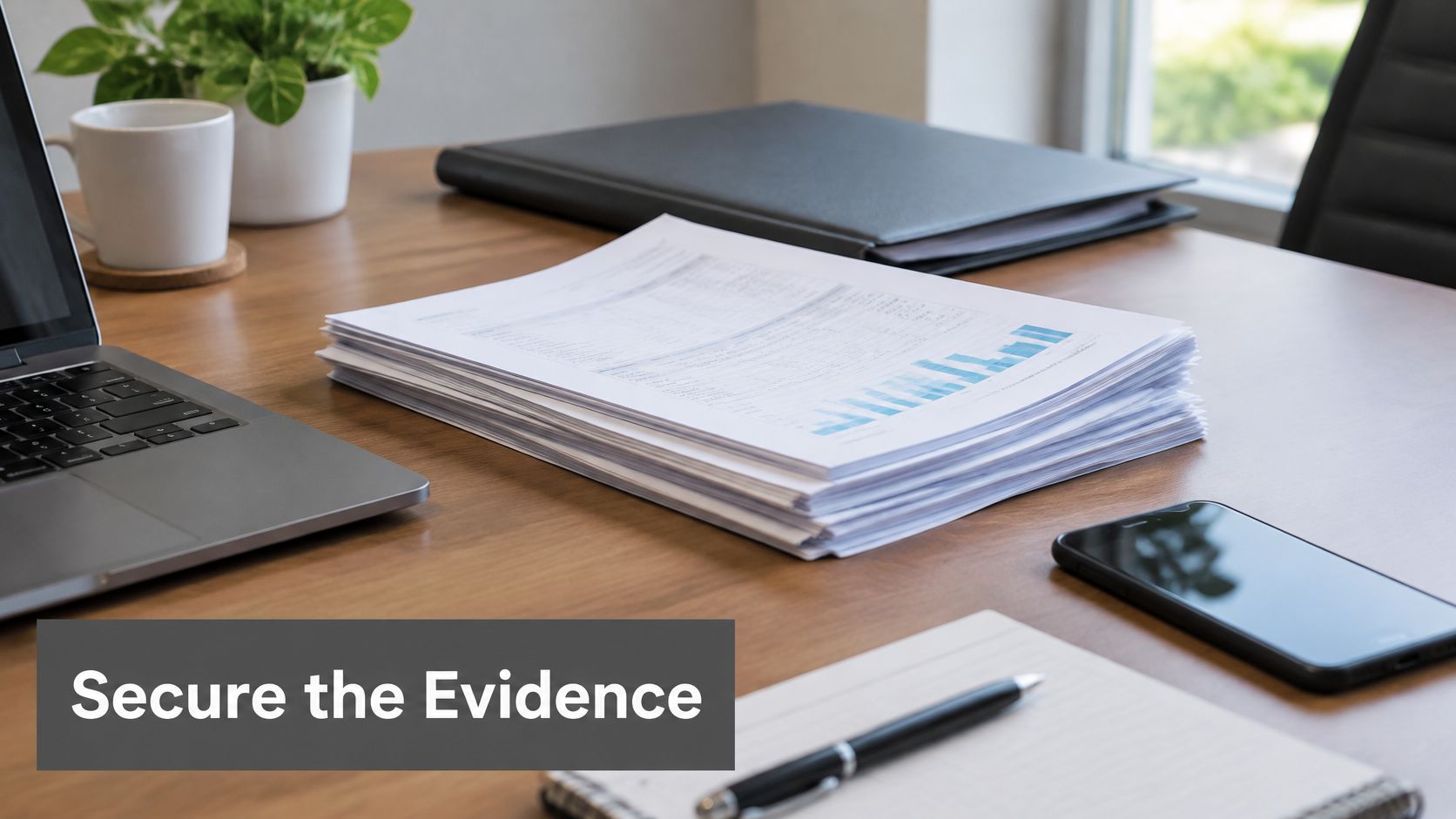A professional wooden desk setup with a laptop, documents, a smartphone, and a pen for business analysis.
