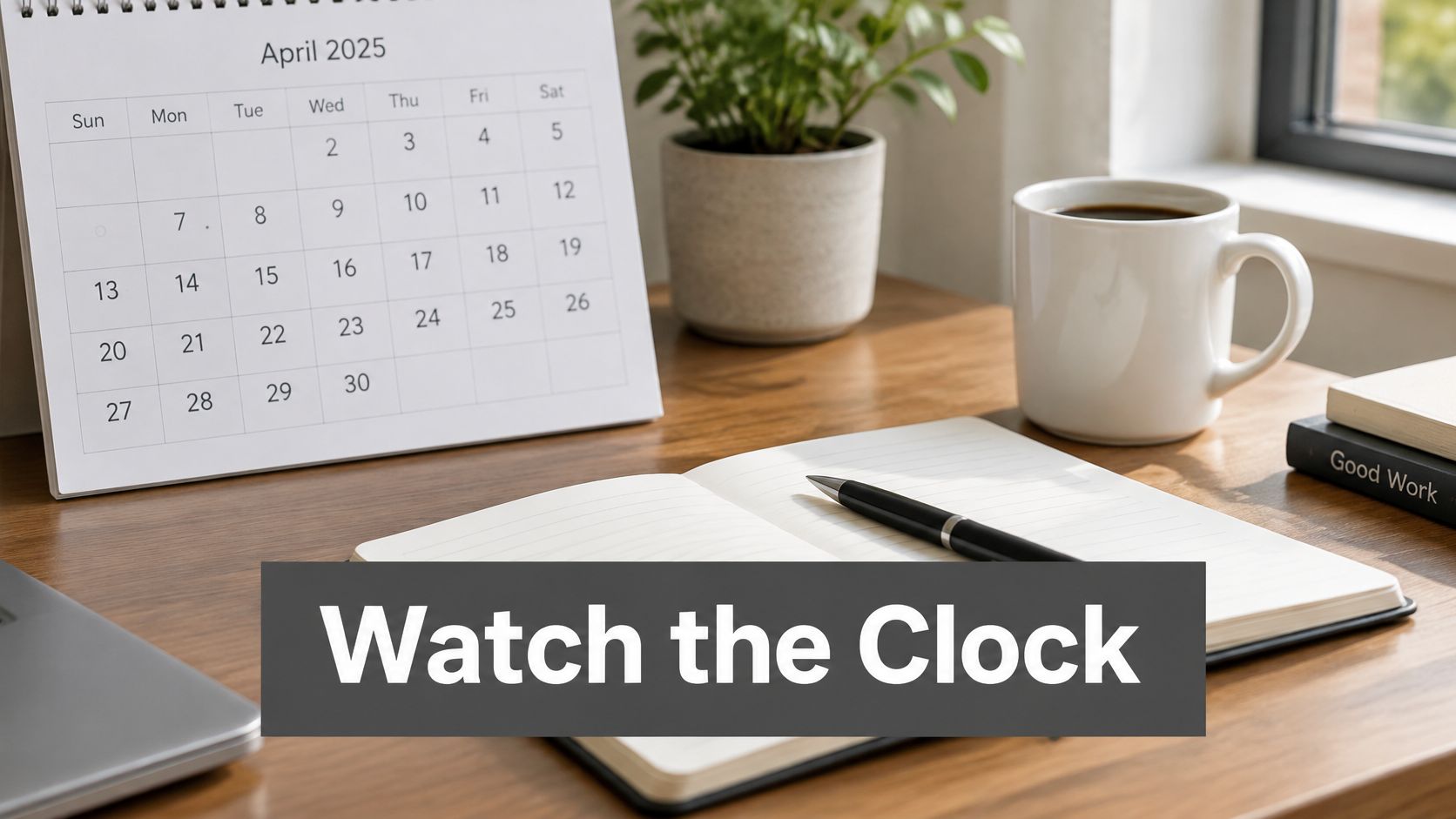 A wooden desk with a calendar for April 2025, an open notebook with a pen, and coffee.
