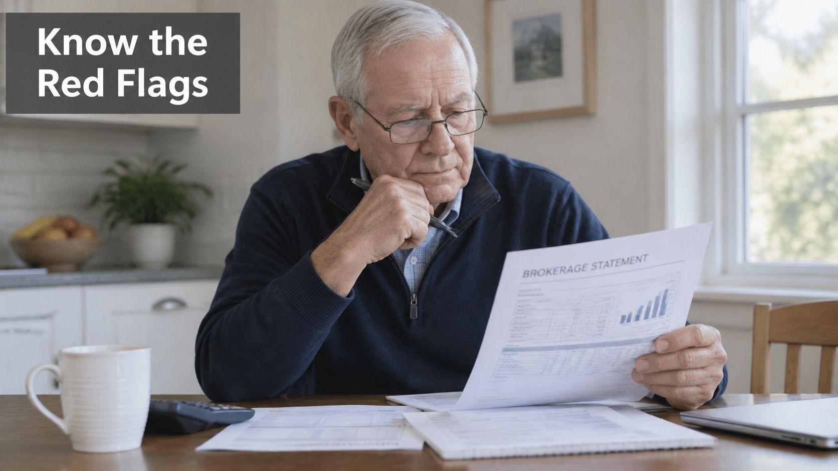 An older man sitting at a wooden table thoughtfully reviewing his brokerage statement and financial documents.
