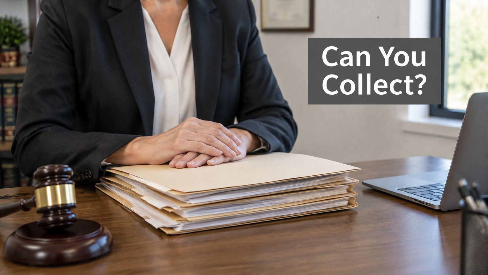 A professional lawyer sitting at a desk with a gavel and a large stack of legal files.