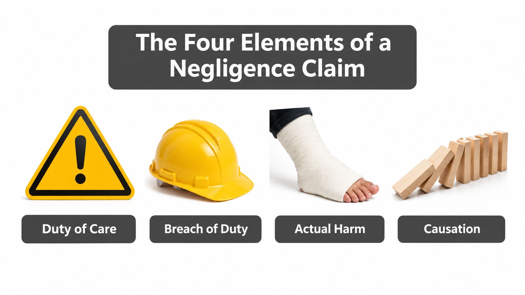 An infographic titled The Four Elements of a Negligence Claim featuring icons for legal responsibility concepts.