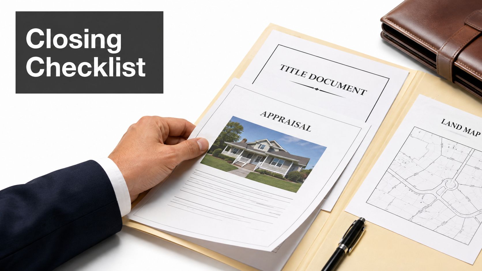 A professional in a suit reviewing closing documents, including an appraisal report and land map.