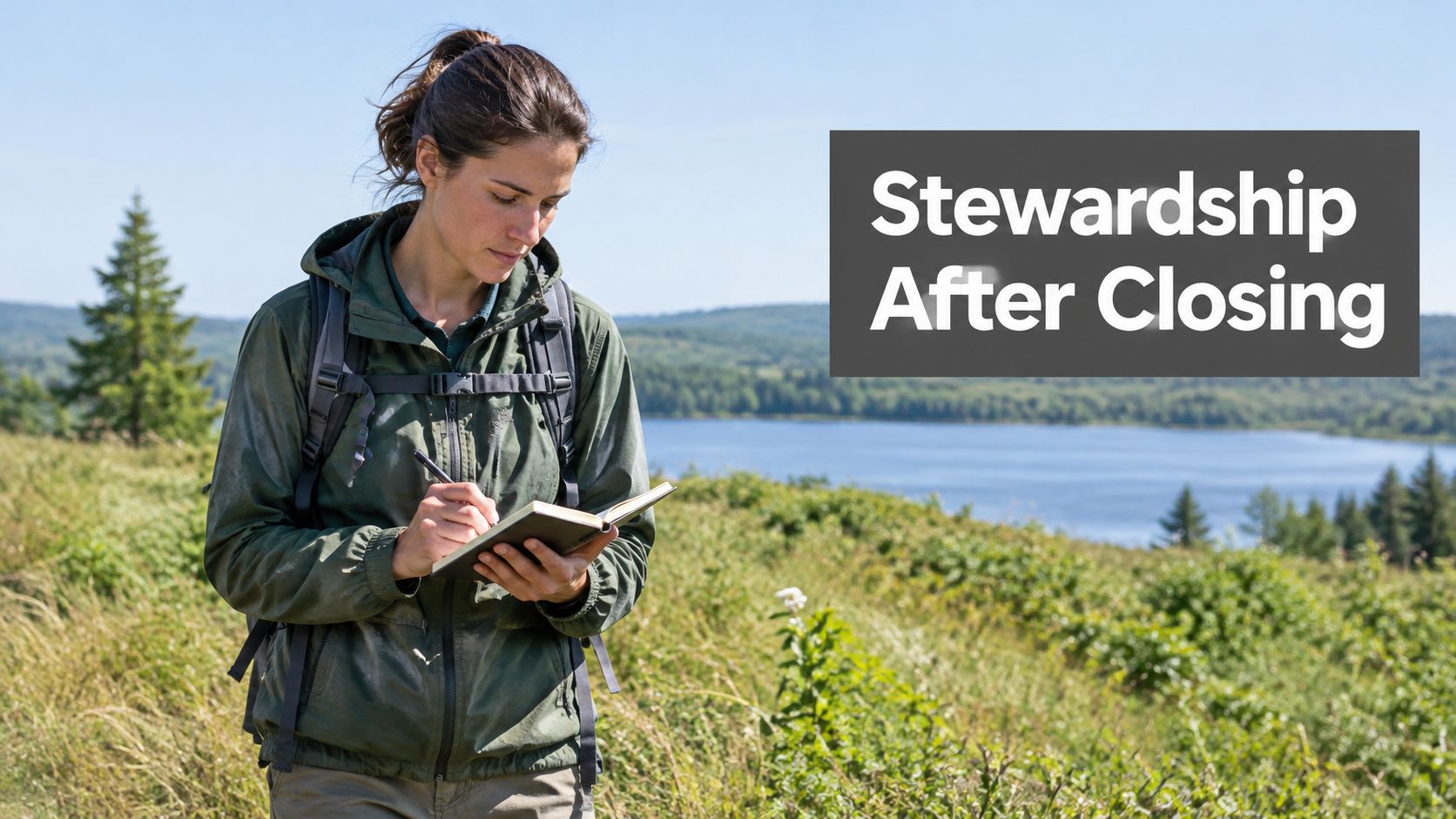 A female field researcher writing in a notebook while surveying land in a nature landscape setting.