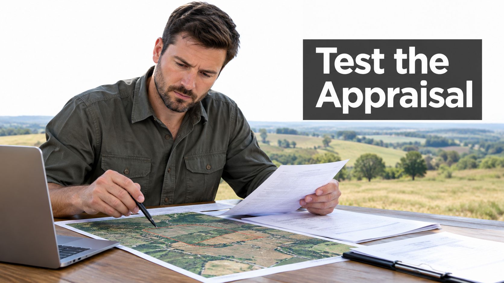 An appraisal professional reviewing land survey documents and maps while working outdoors with a laptop.