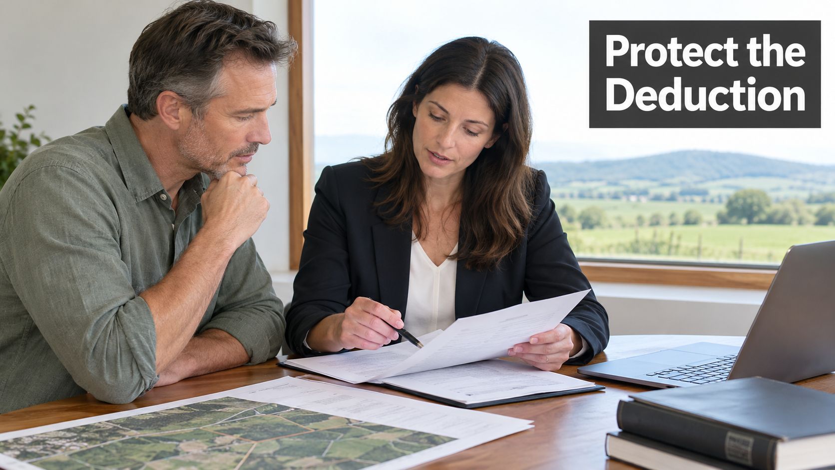 A professional woman attorney advising a man on conservation easement documents at a bright office desk.
