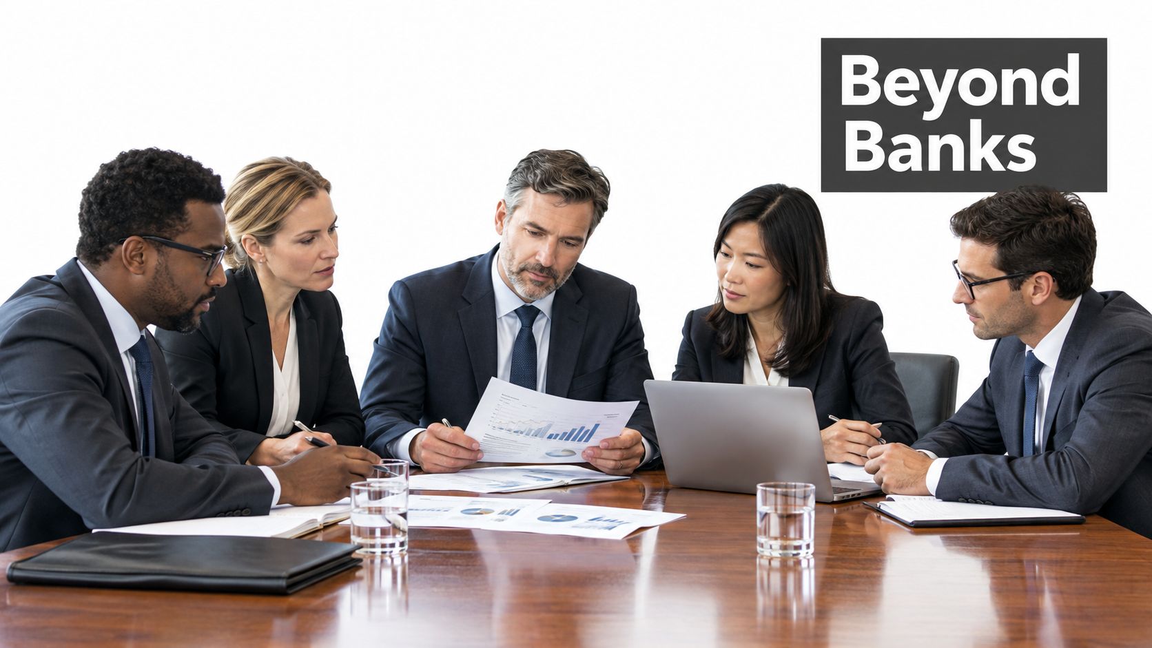 A diverse team of professionals in formal business suits meeting around a wooden conference table.