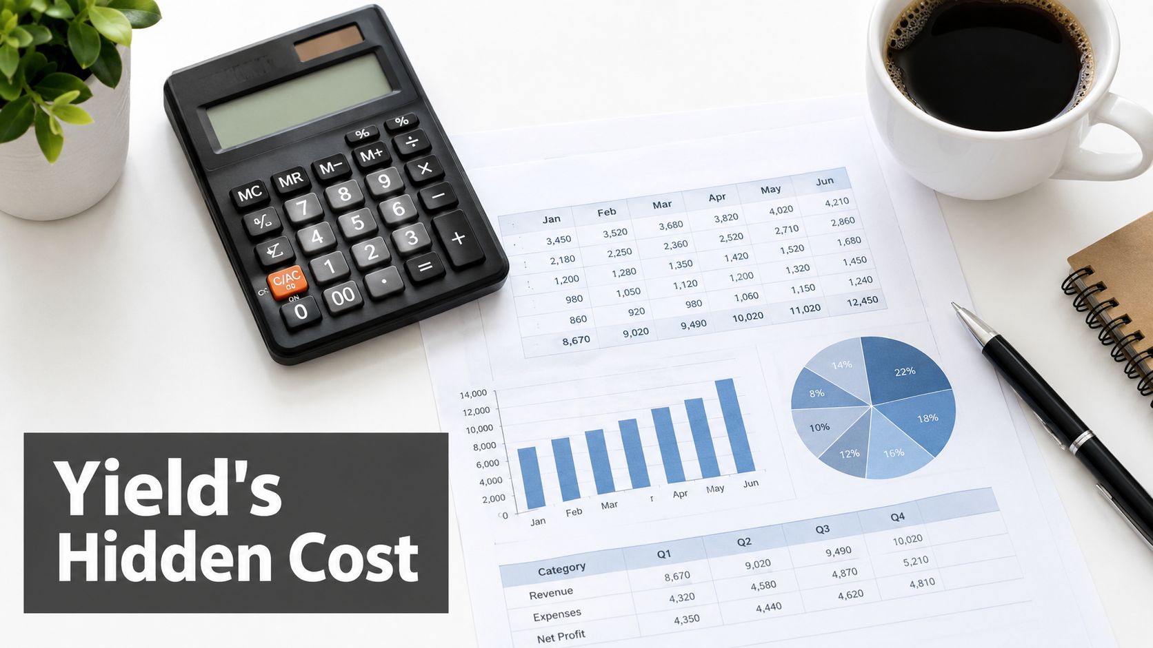 Financial analysis workspace with a calculator, notebook, pen, coffee, and charts showing revenue and profit data.