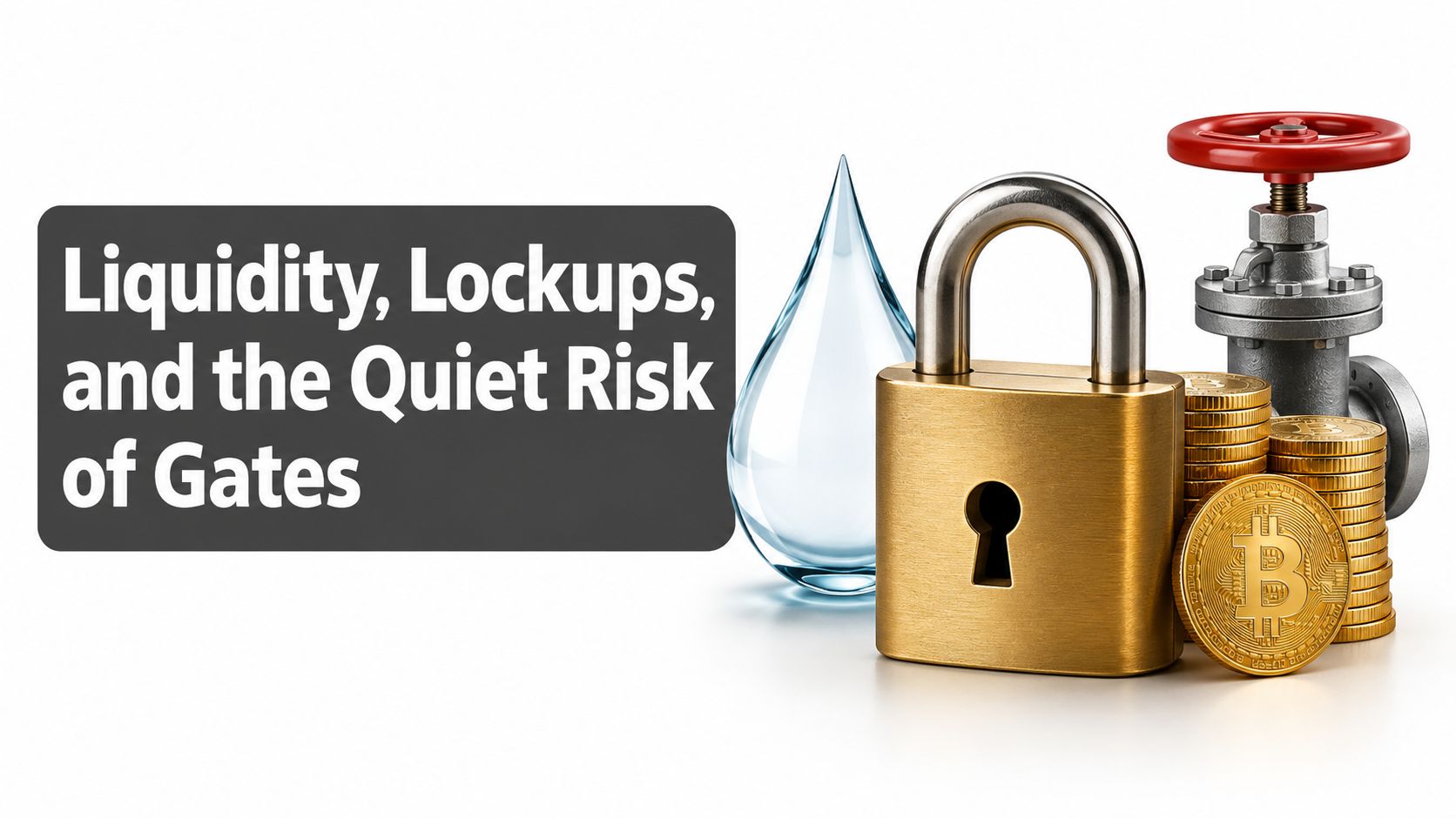 A conceptual image featuring a padlock, a water drop, and Bitcoin coins symbolizing financial liquidity risks.