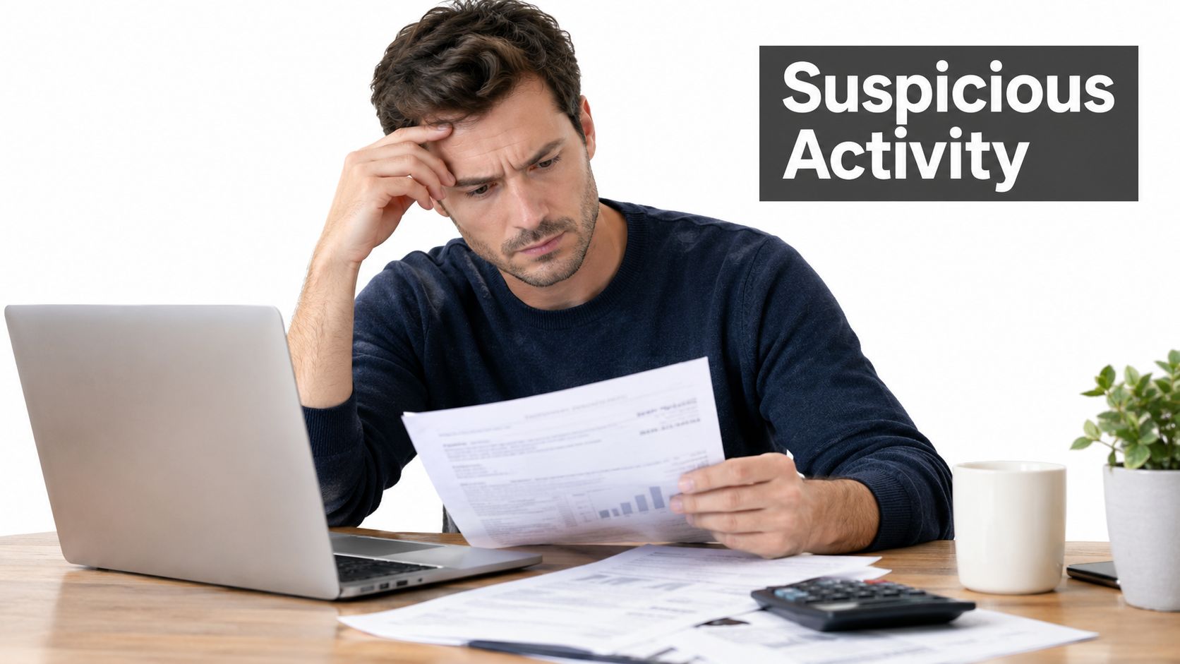A worried man reviews financial documents in front of a laptop while dealing with suspicious activity.
