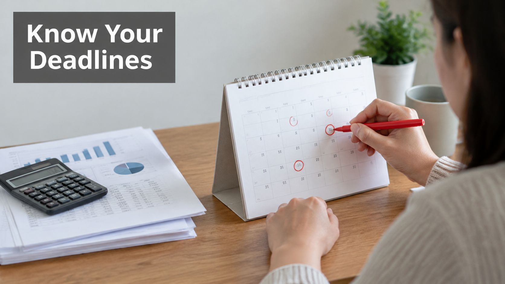 A person marks a date on a desk calendar while preparing financial documents and calculations.
