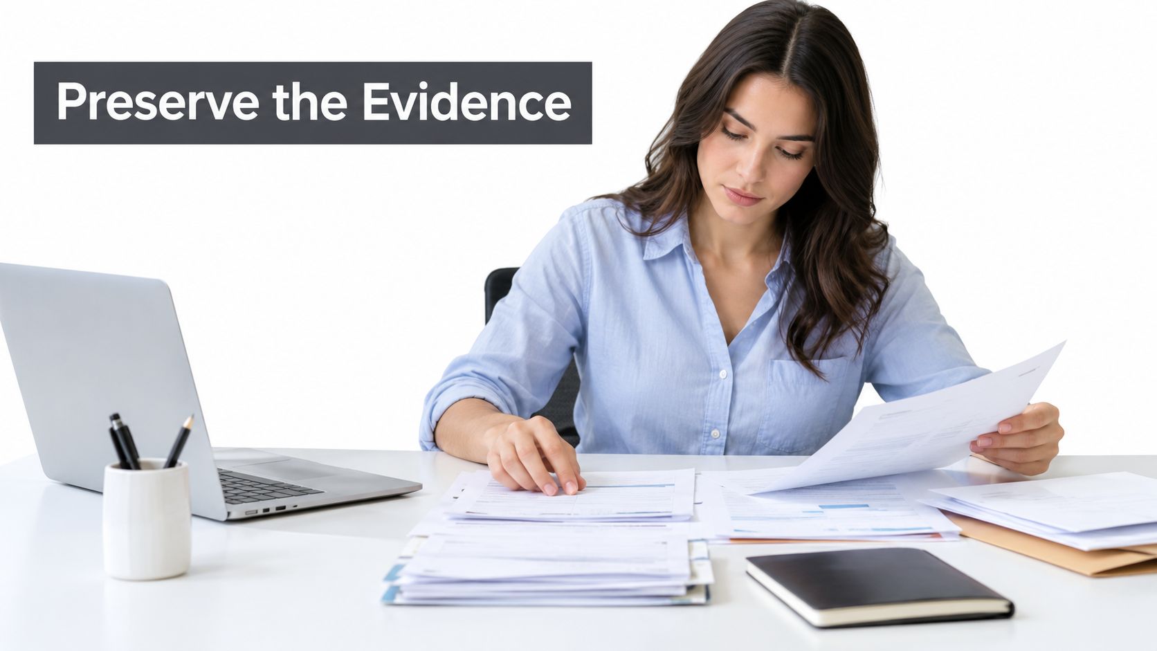 A professional woman reviewing legal documents at a white desk with a laptop and notebook.