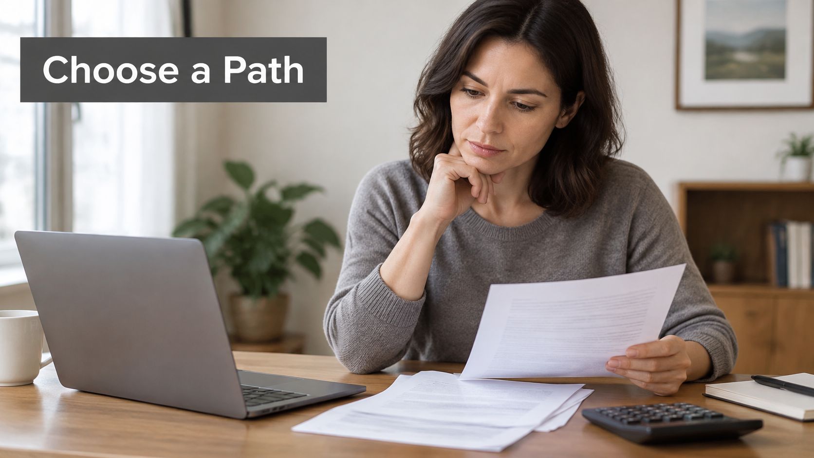 A focused woman sitting at a desk reviewing financial documents while using a laptop at home.