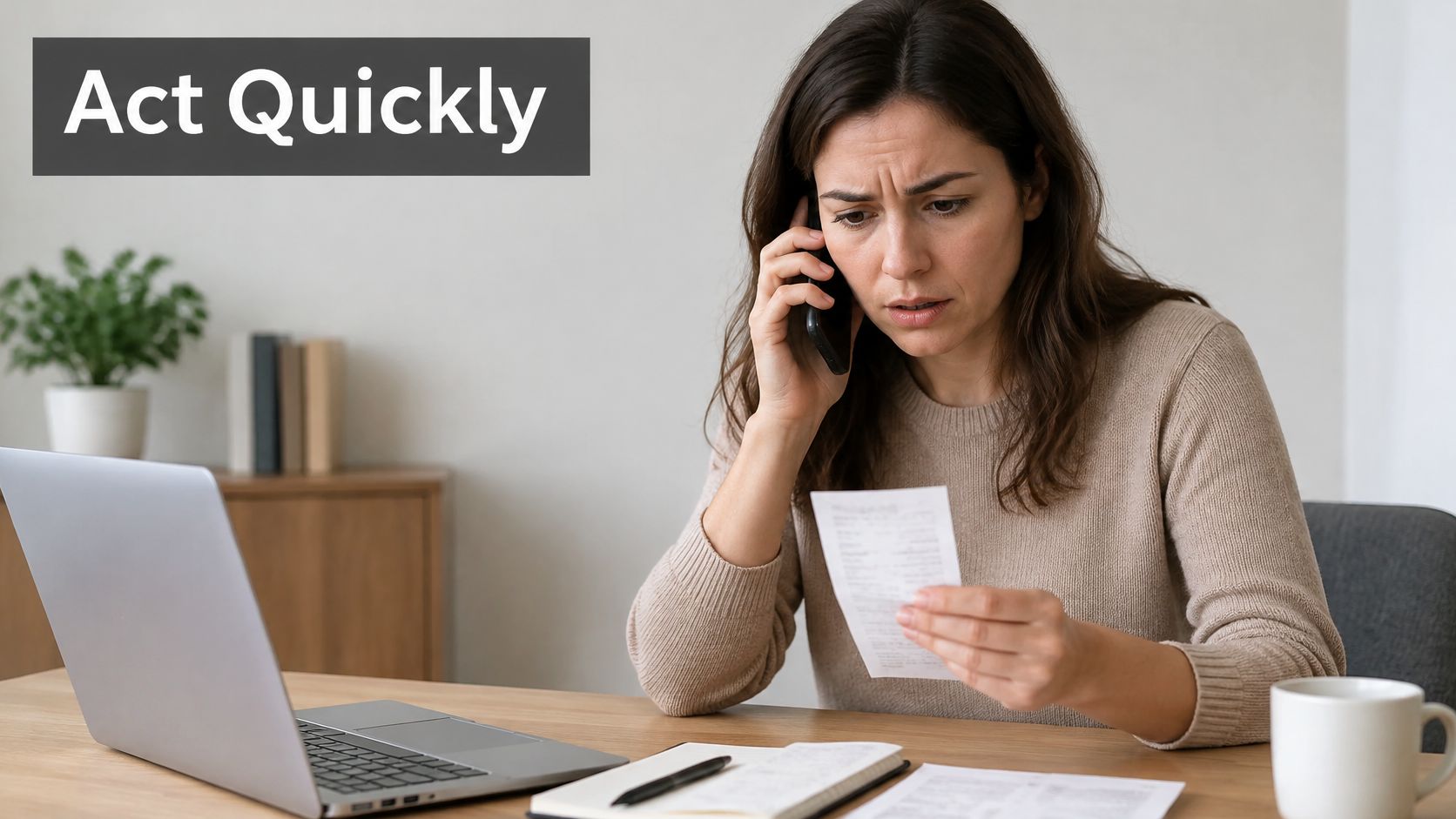 A concerned woman on the phone holding a financial receipt while sitting at her home office desk.