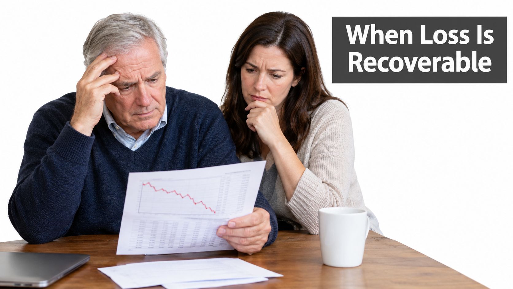 A worried older couple reviewing a financial document showing a downward trend in their investment portfolio.