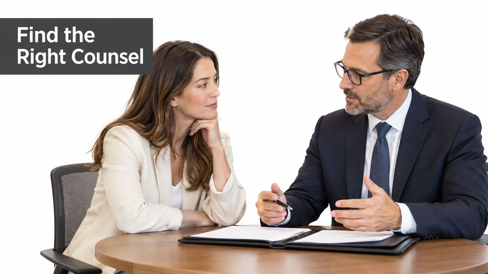 A professional lawyer in a suit discusses legal documents with a female client in an office.