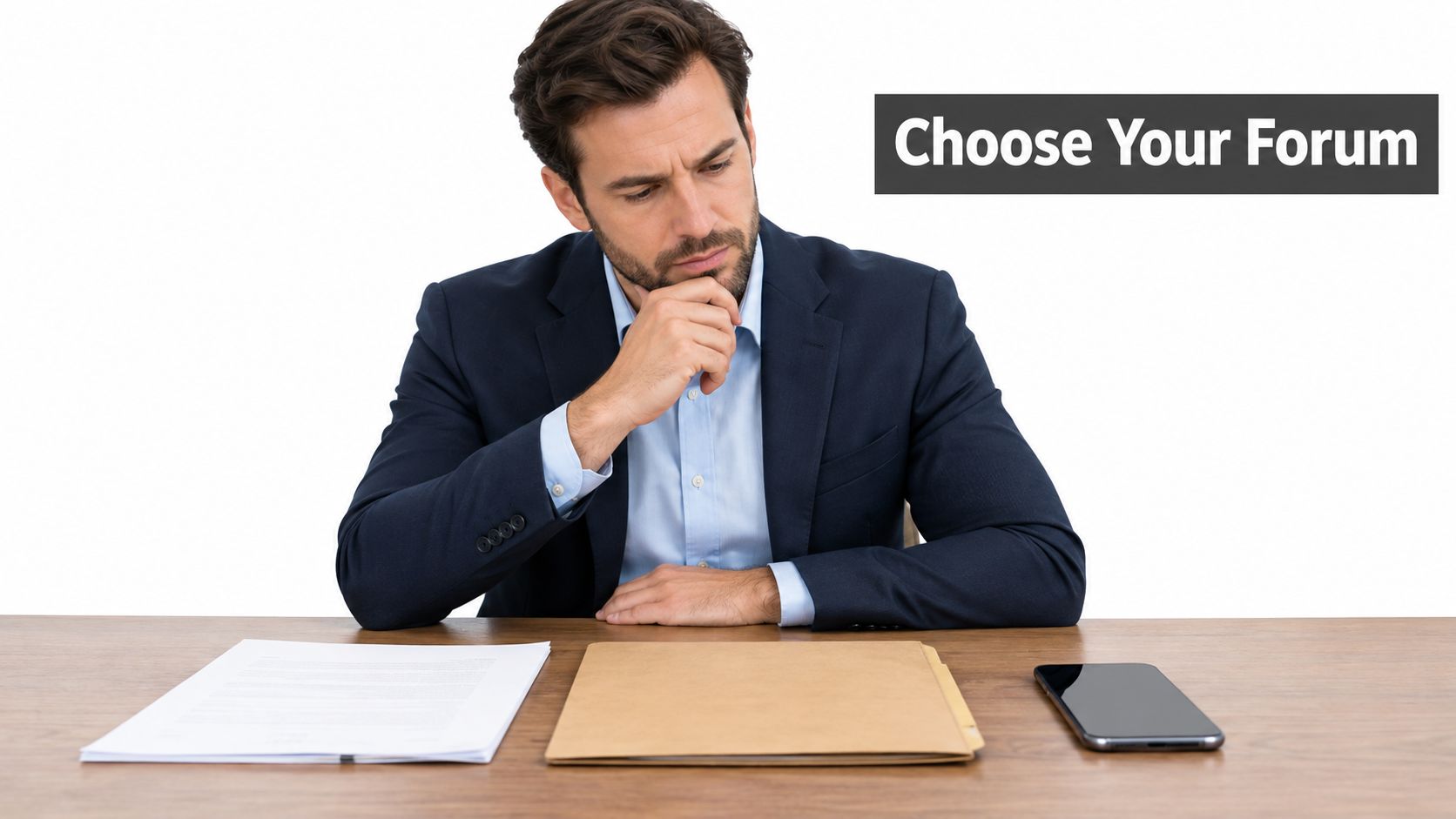 A professional man in a business suit thinking deeply at a desk with documents and a smartphone.