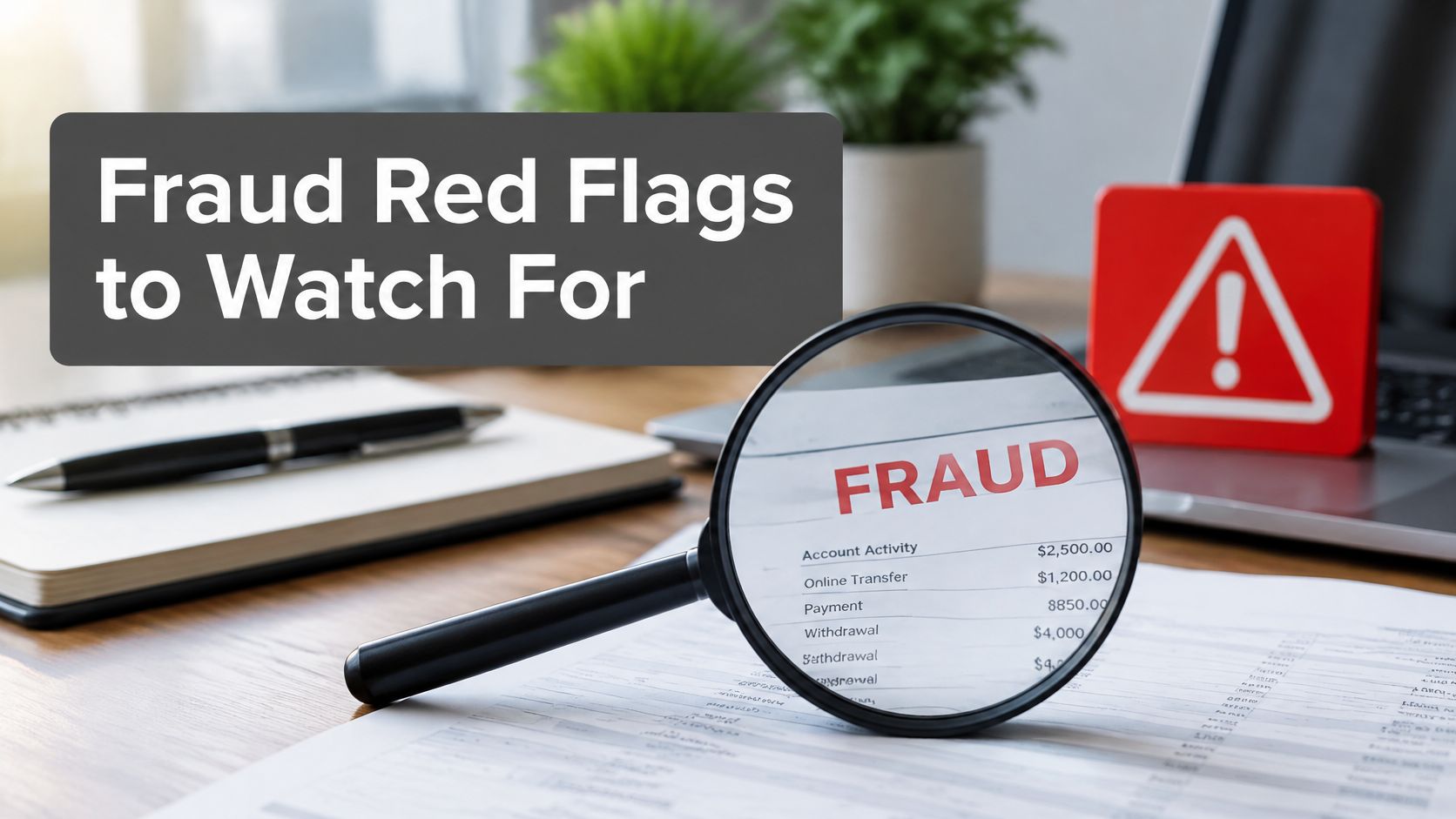 A magnifying glass placed over a financial statement revealing the word fraud written on a document.