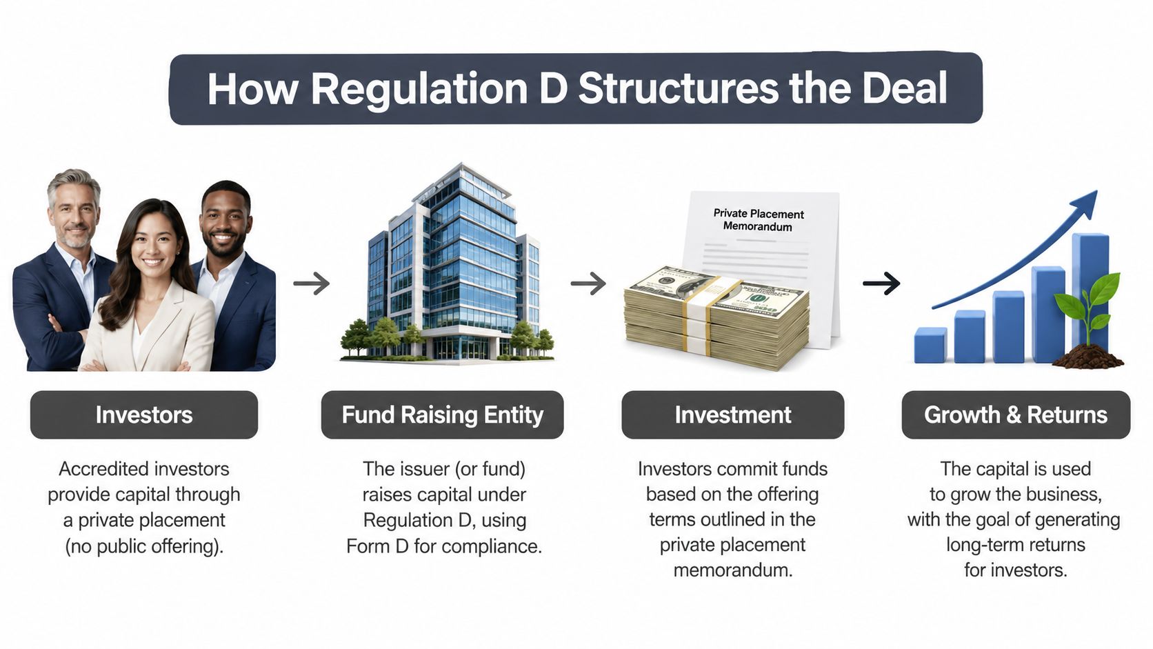 A diagram illustrating the four steps of how Regulation D structures a private placement investment deal.