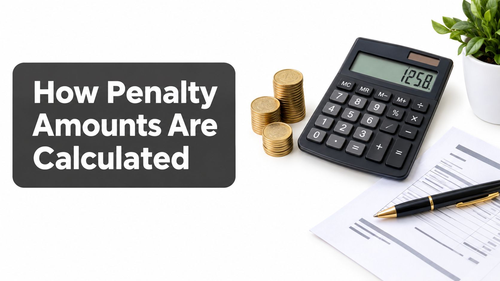 A black calculator, stacks of coins, and a document on a white desk regarding penalty calculations.