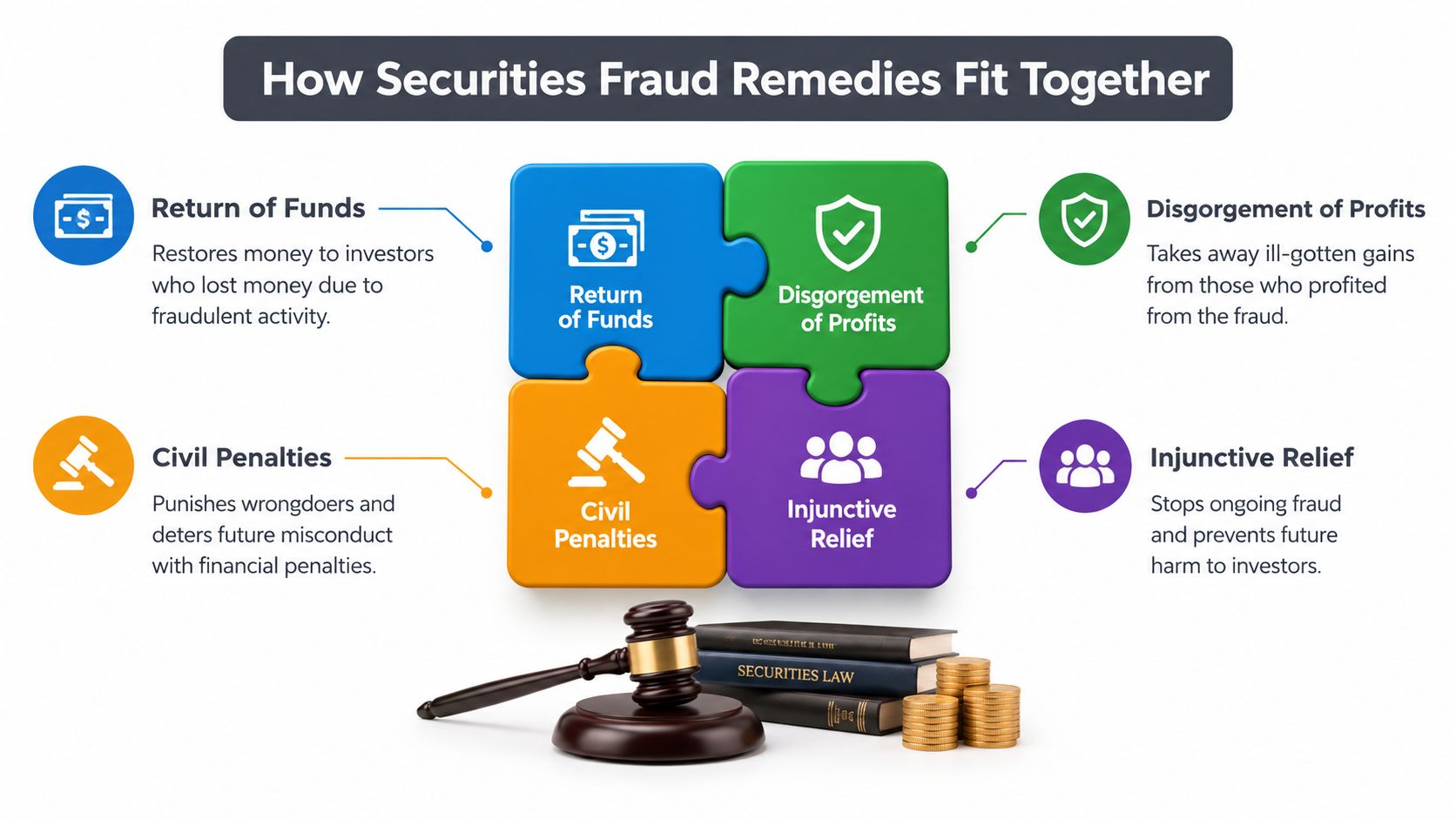 A diagram illustrating four types of securities fraud legal remedies including return of funds, disgorgement, penalties, and injunctions.
