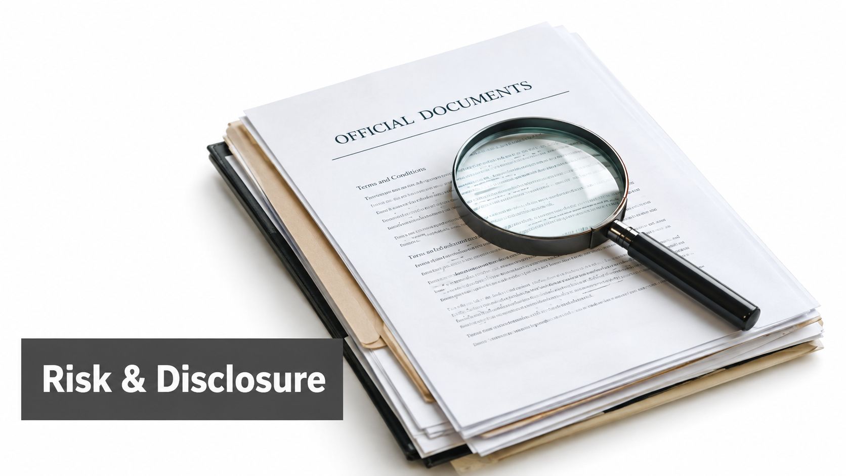 A magnifying glass resting on a stack of official documents with legal terms and conditions.
