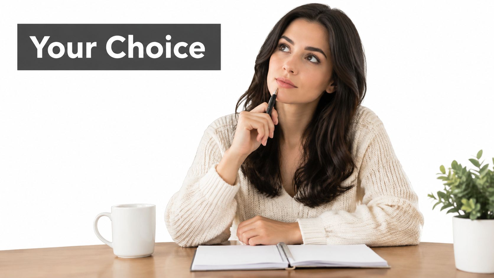 A woman thinking while sitting at a desk with a notebook, pen, and coffee mug.
