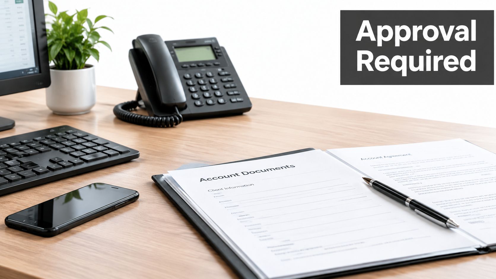 A professional office desk setup featuring a keyboard, smartphone, desk phone, and account documents requiring approval.