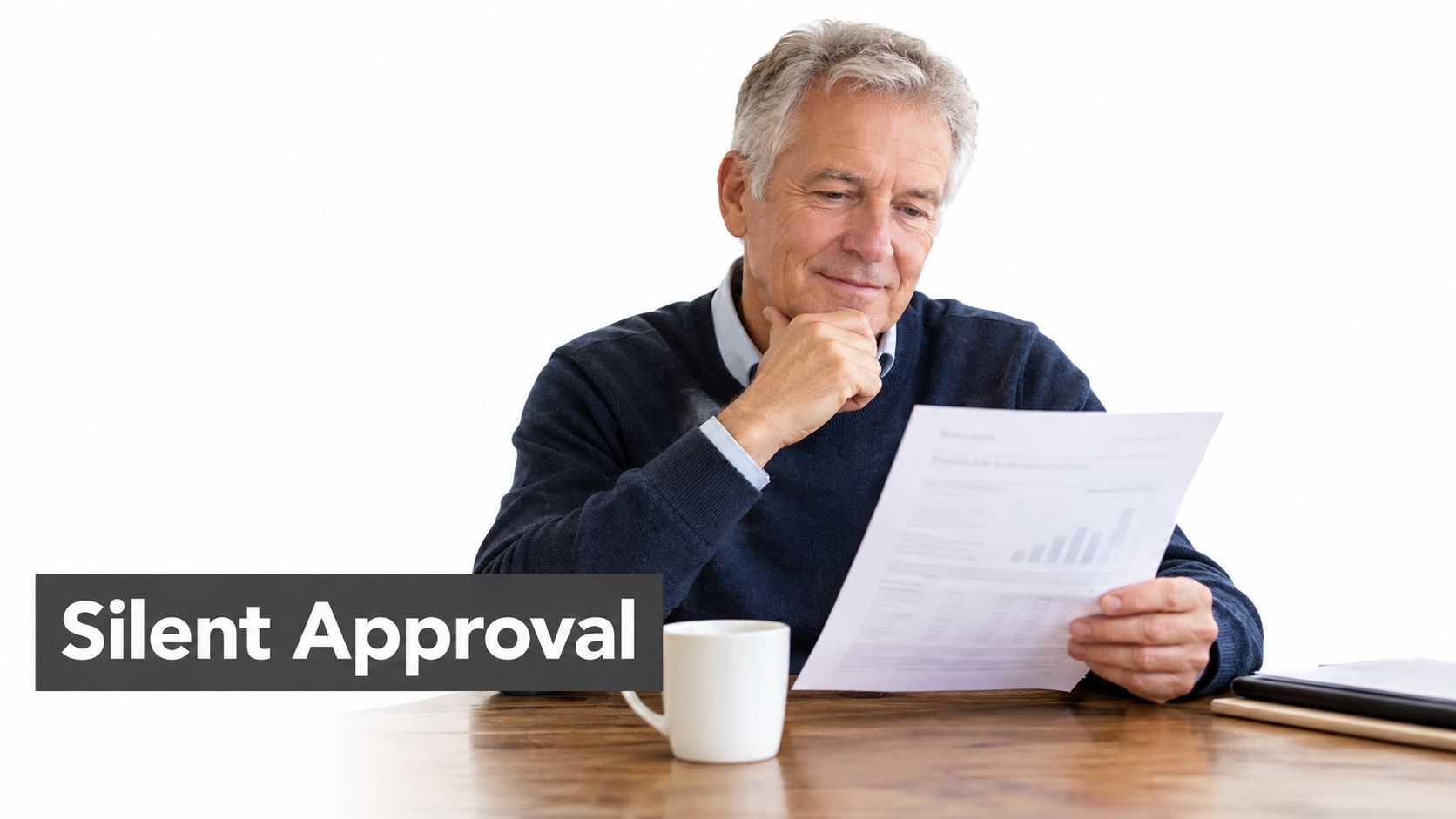 A professional senior man sitting at a desk reviewing a financial document with a thoughtful expression.