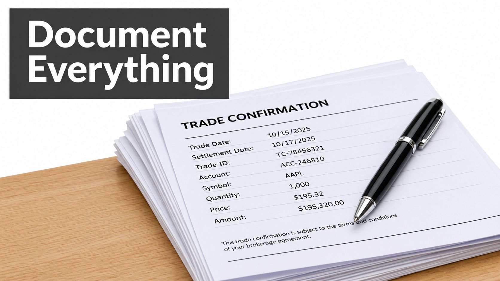 A stack of trade confirmation documents on a wooden desk with a black ballpoint pen resting on top.