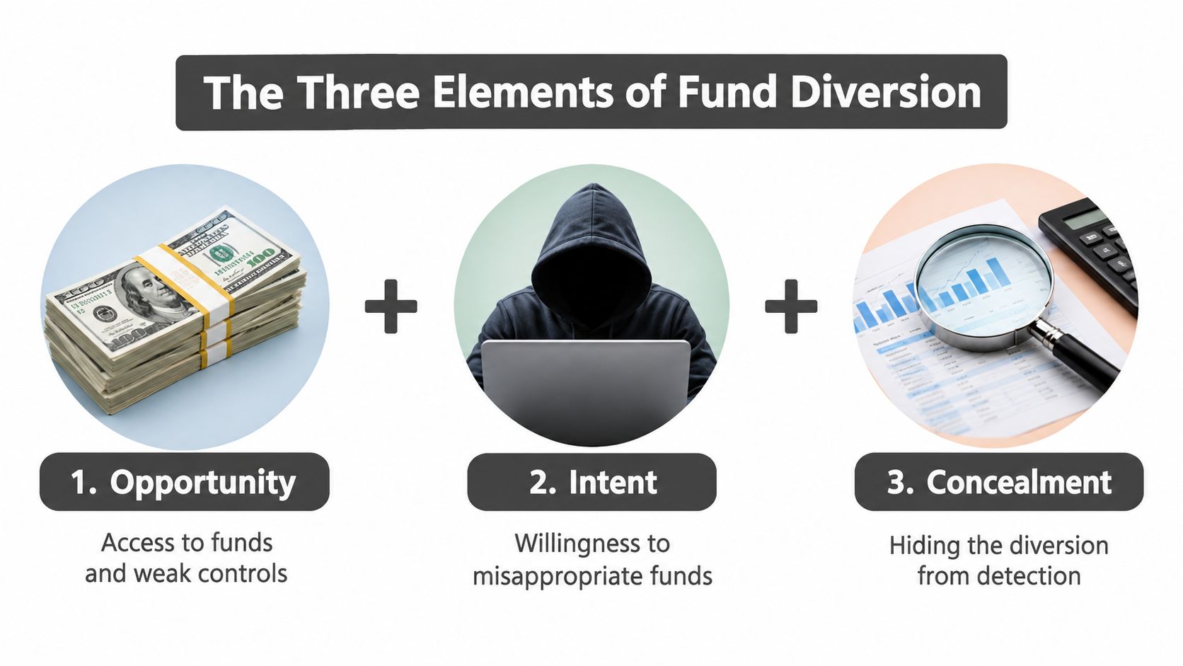 A diagram illustrating the three elements of fund diversion: opportunity, intent, and concealment with corresponding icons.